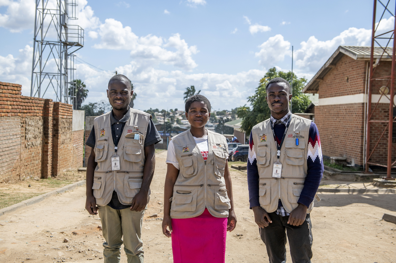 Yamikani Ziyaya, Hawa Kaunda, and James Masamba, youth champions at Ndriande Health Center in Blantyre, Malawi.